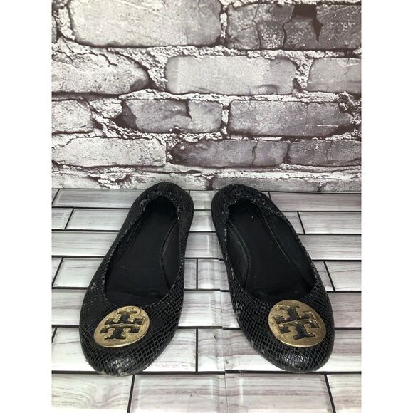 Tory Burch Reva Gold Logo Black Leather Snake Skin Ballet Flats Women Sz 7.5M US - Picture 11 of 16